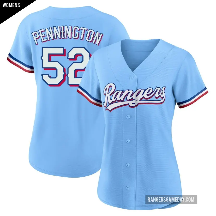 Women's Texas Rangers ＃52 Walter Pennington Replica Light Blue Alternate Jersey
