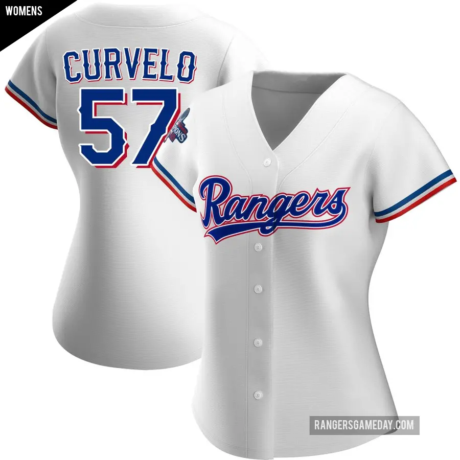 Women's Texas Rangers ＃57 Luis Curvelo Replica White Home 2023 World Series Champions Jersey