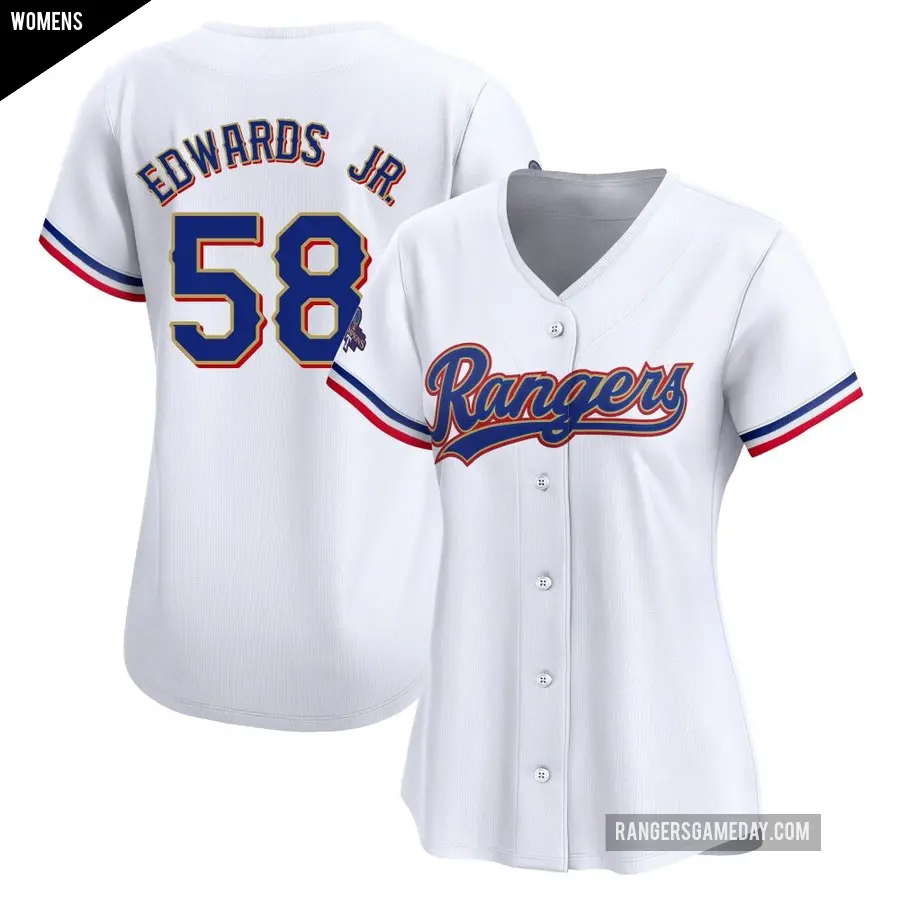 Women's Texas Rangers ＃58 Carl Edwards Jr. Limited Gold White 2024 Collection Jersey