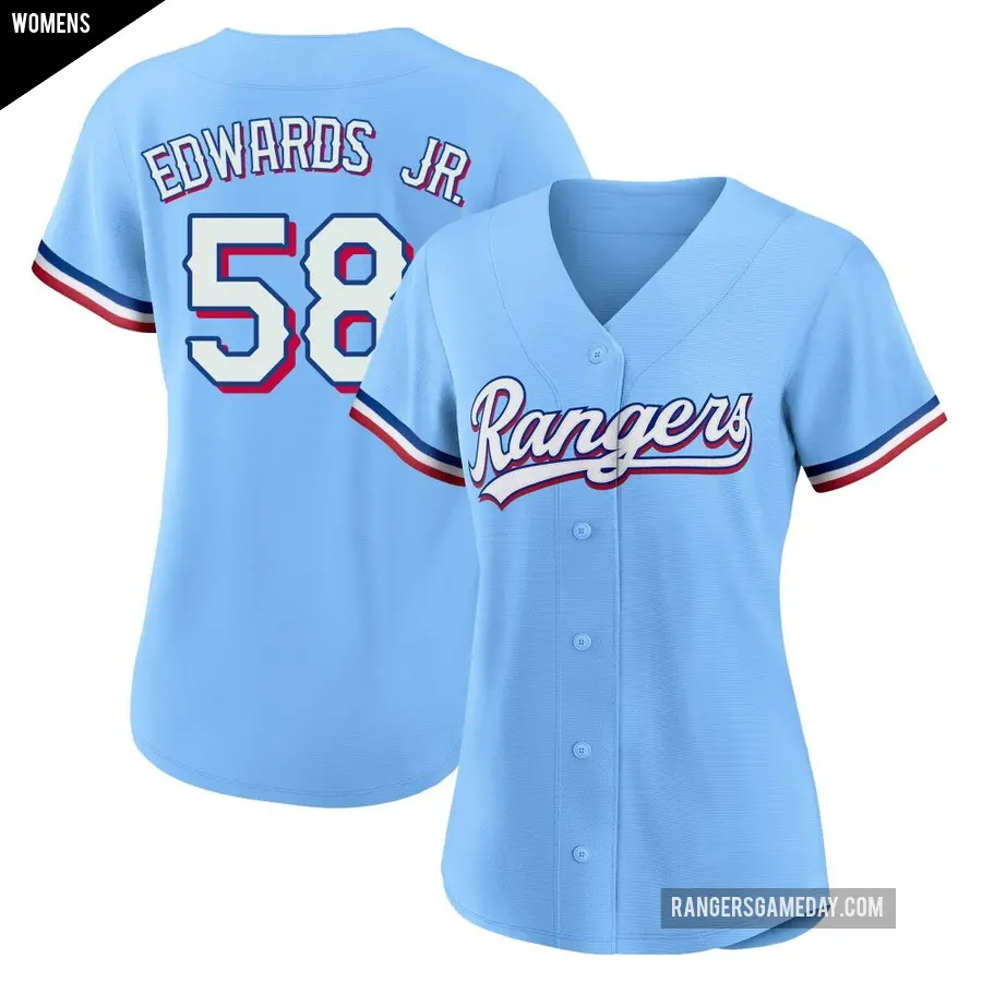 Women's Texas Rangers ＃58 Carl Edwards Jr. Replica Light Blue Alternate Jersey