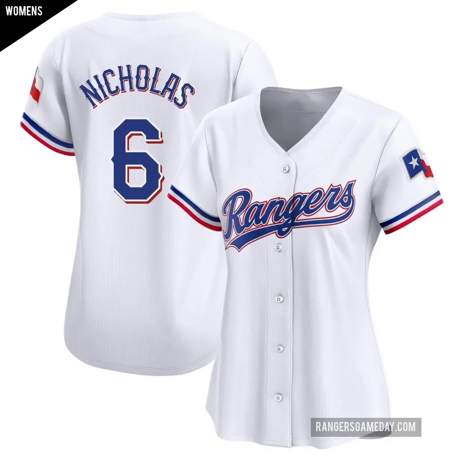 Women's Texas Rangers ＃6 Brett Nicholas Limited White Home Jersey