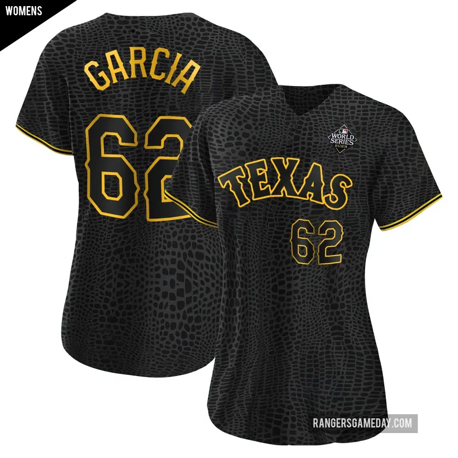 Women's Texas Rangers ＃62 Robert Garcia Authentic Black Snake Skin City 2023 World Series Jersey