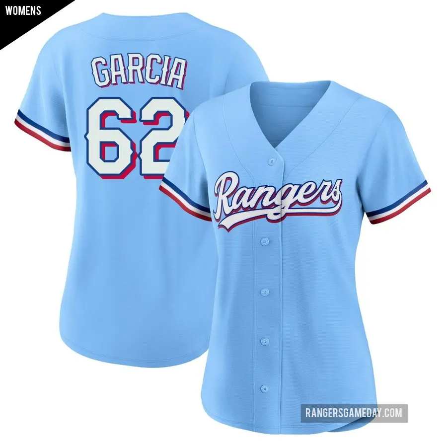 Women's Texas Rangers ＃62 Robert Garcia Replica Light Blue Alternate Jersey