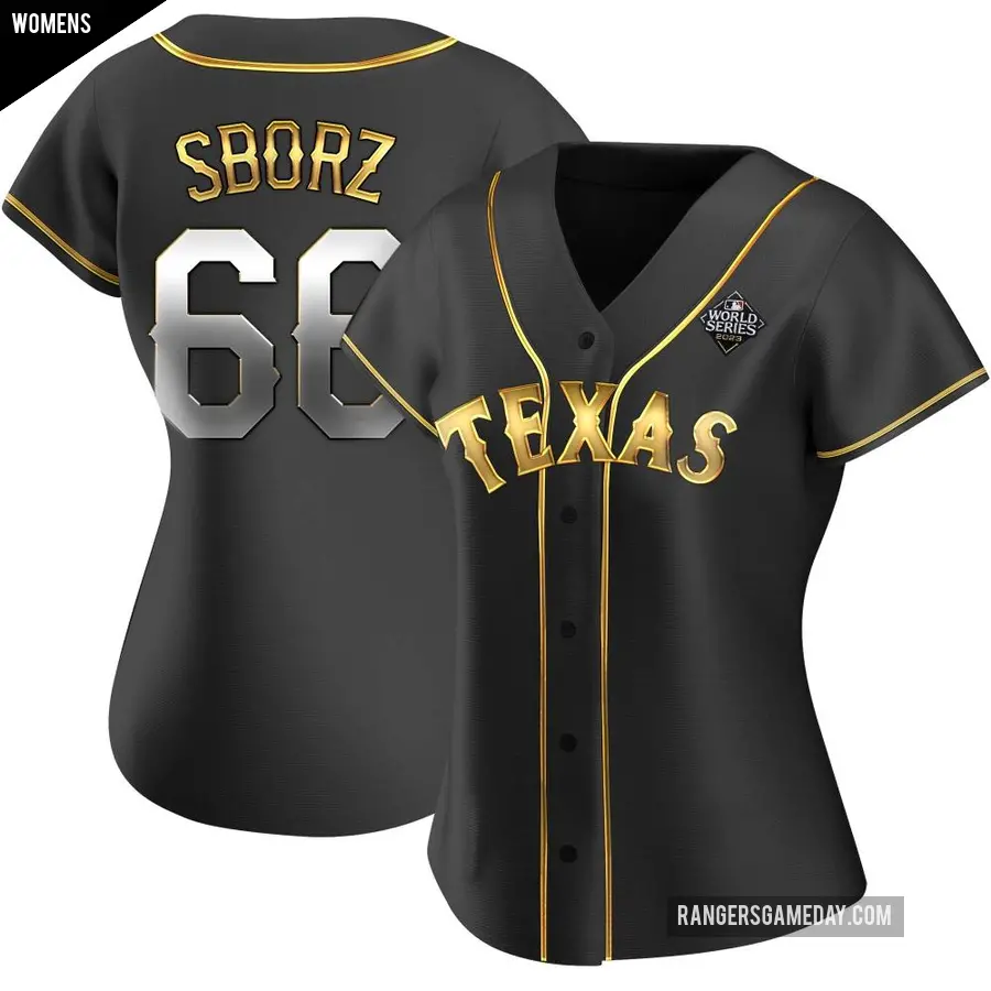 Women's Texas Rangers ＃66 Josh Sborz Replica Gold Black en Alternate 2023 World Series Jersey