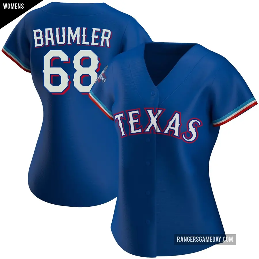 Women's Texas Rangers ＃68 Carter Baumler Authentic Royal Alternate 2023 World Series Champions Jersey