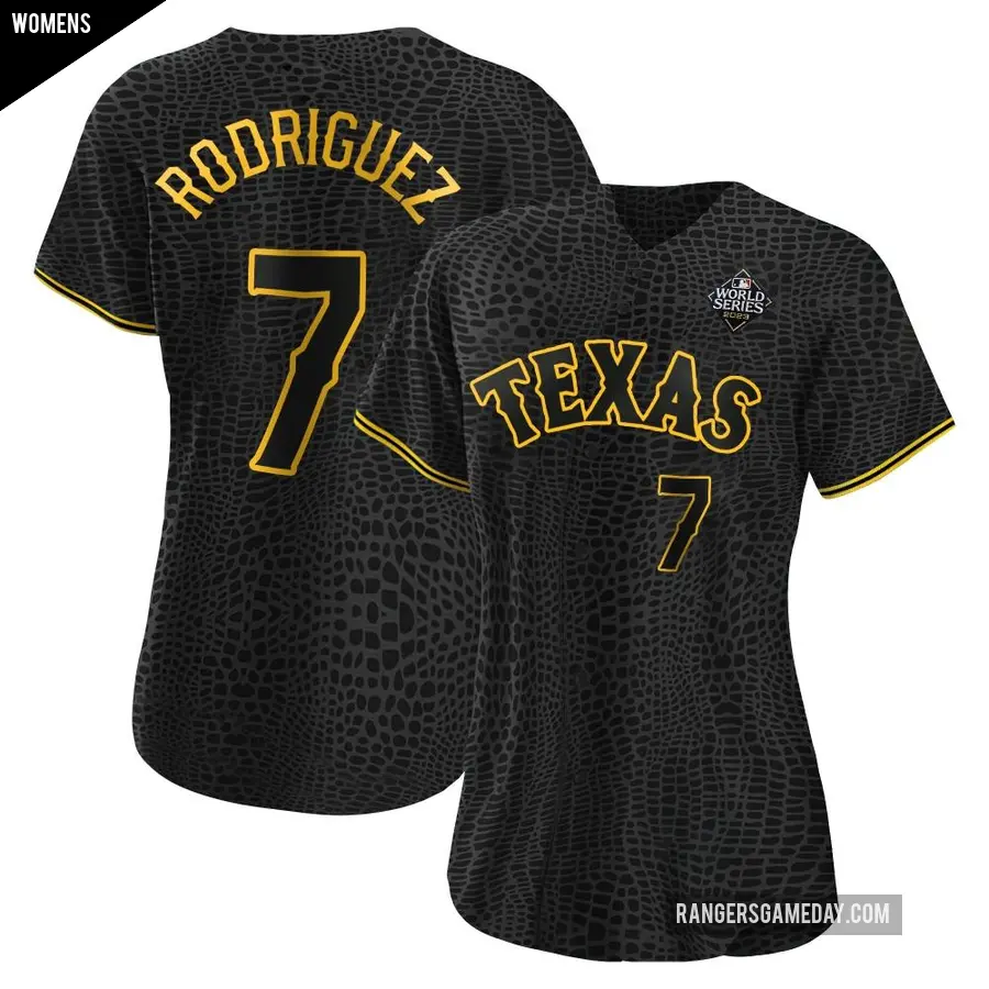 Women's Texas Rangers ＃7 Ivan Rodriguez Authentic Black Snake Skin City 2023 World Series Jersey