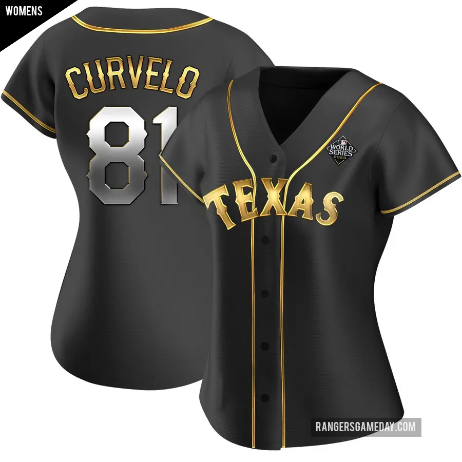 Women's Texas Rangers ＃81 Luis Curvelo Replica Gold Black en Alternate 2023 World Series Jersey