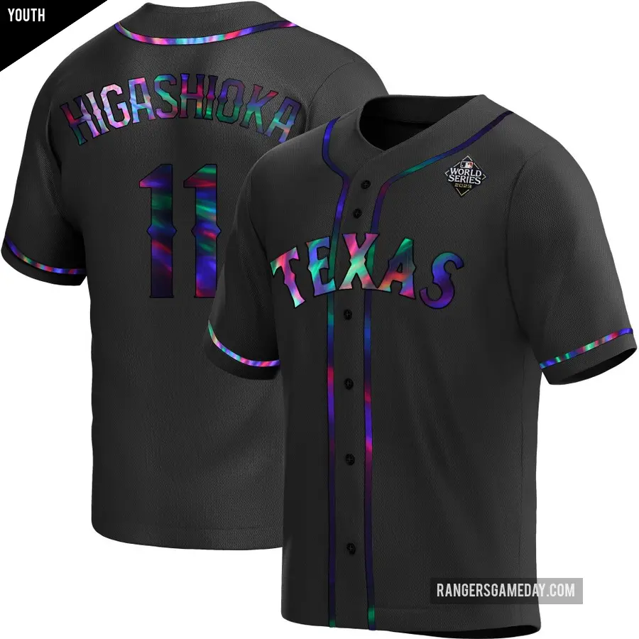 Youth Texas Rangers ＃11 Kyle Higashioka Replica Black Holographic Alternate 2023 World Series Jersey