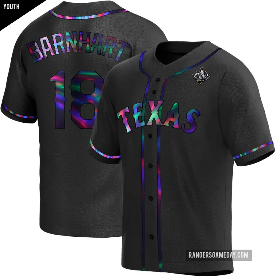 Youth Texas Rangers ＃18 Tucker Barnhart Replica Black Holographic Alternate 2023 World Series Jersey