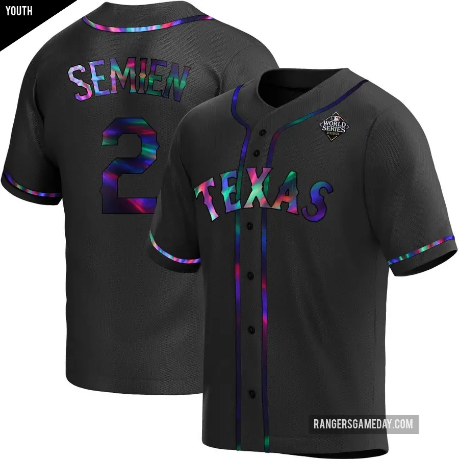 Youth Texas Rangers ＃2 Marcus Semien Replica Black Holographic Alternate 2023 World Series Jersey
