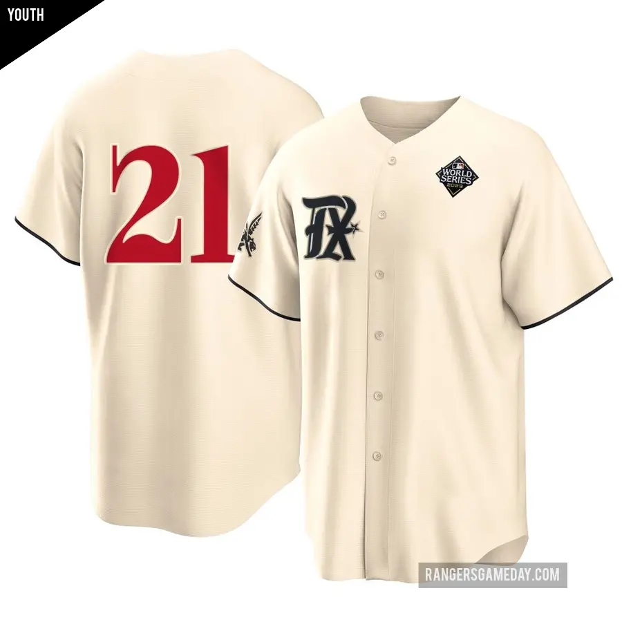 Youth Texas Rangers ＃21 Jake Burger Replica Cream 2023 City Connect 2023 World Series Jersey