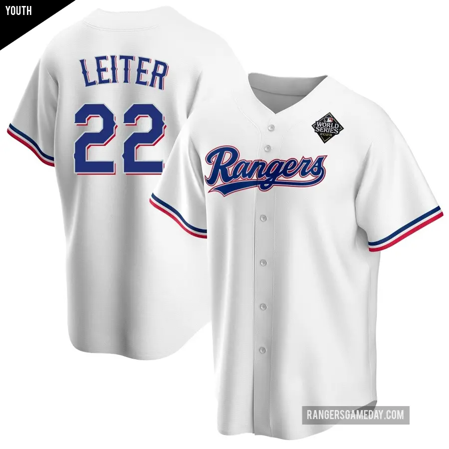 Youth Texas Rangers ＃22 Jack Leiter Replica White Home 2023 World Series Jersey