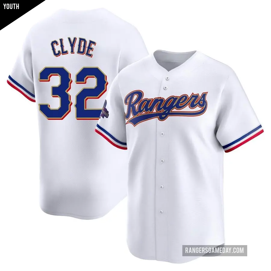 Youth Texas Rangers ＃32 David Clyde Limited Gold White 2024 Collection Jersey