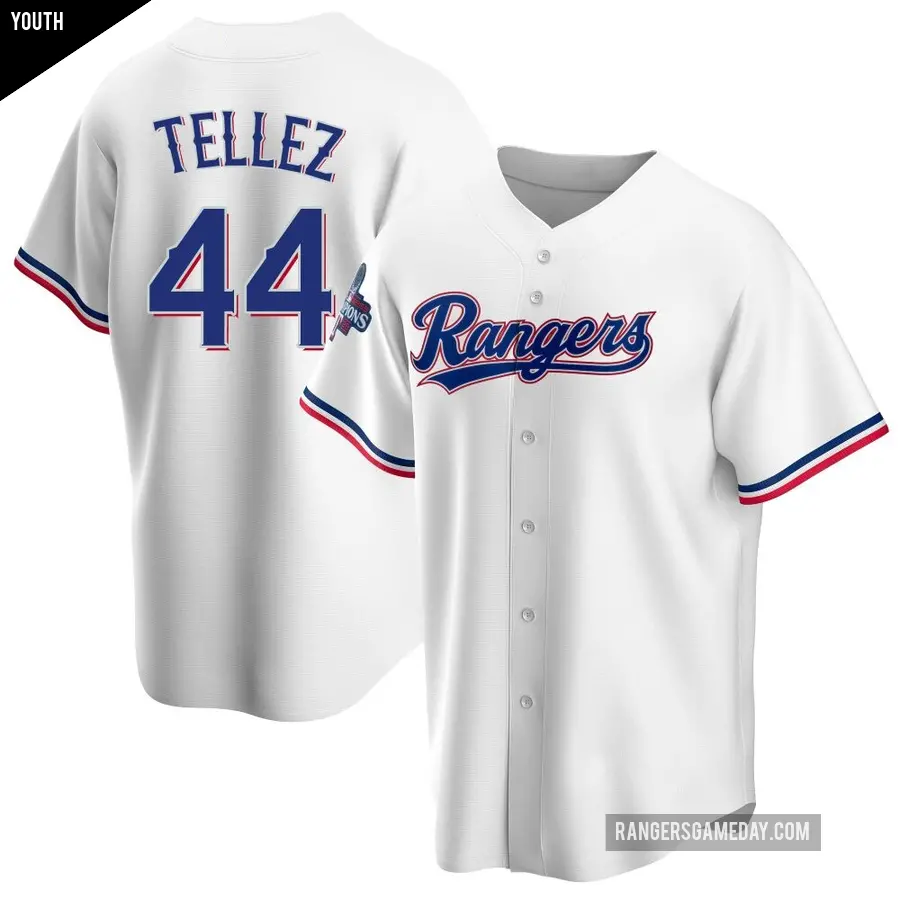 Youth Texas Rangers ＃44 Rowdy Tellez Replica White Home 2023 World Series Champions Jersey