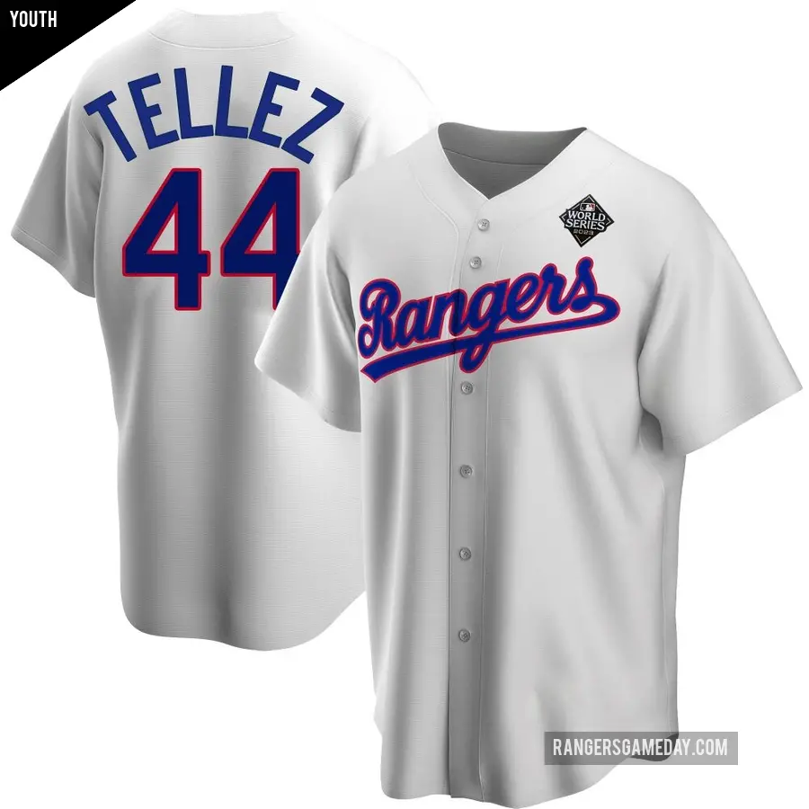 Youth Texas Rangers ＃44 Rowdy Tellez Replica White Home Cooperstown Collection 2023 World Series Jersey