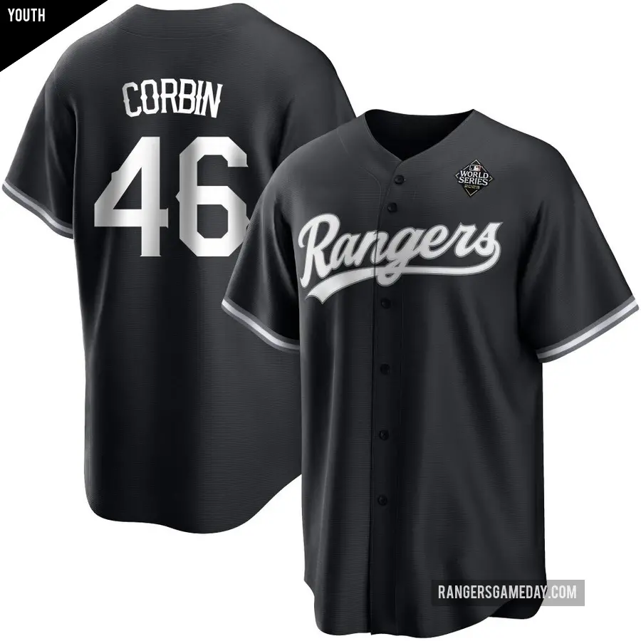 Youth Texas Rangers ＃46 Patrick Corbin Replica White Black 2023 World Series Jersey