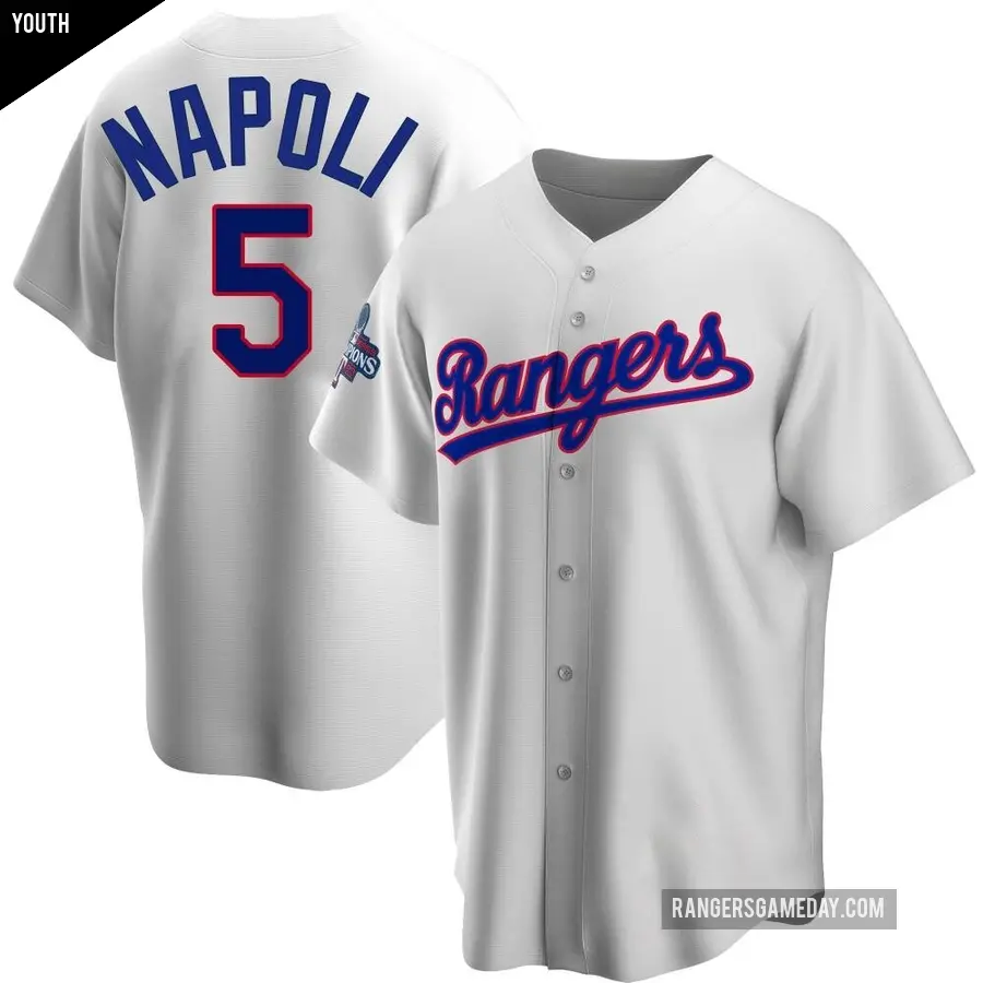 Youth Texas Rangers ＃5 Mike Napoli Replica White Home Cooperstown Collection 2023 World Series Champions Jersey