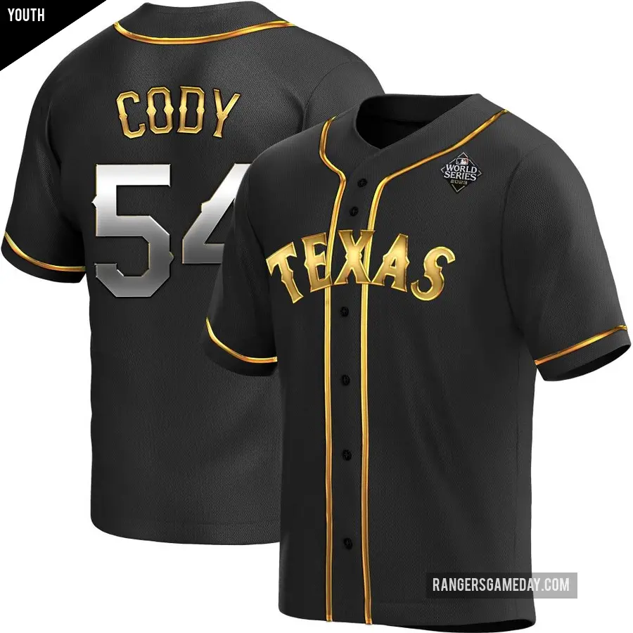 Youth Texas Rangers ＃54 Kyle Cody Replica Gold Black en Alternate 2023 World Series Jersey