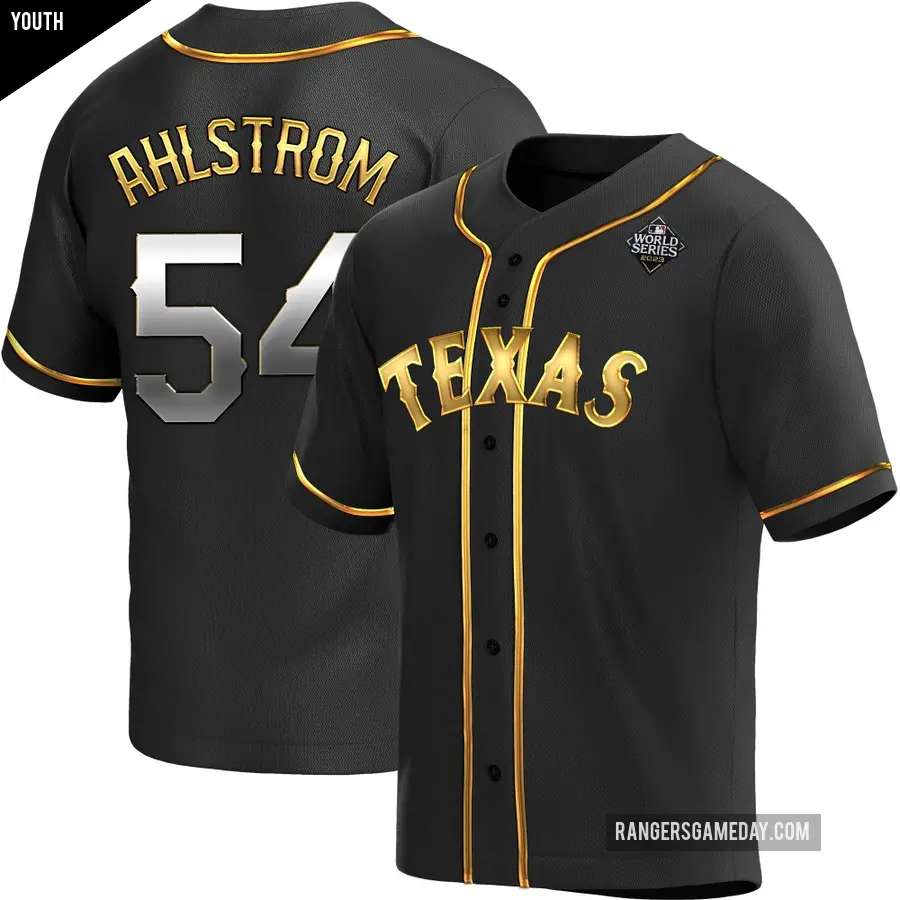 Youth Texas Rangers ＃54 Robert Ahlstrom Replica Gold Black en Alternate 2023 World Series Jersey