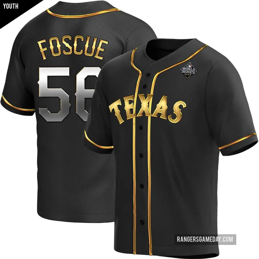 Youth Texas Rangers ＃56 Justin Foscue Replica Gold Black en Alternate 2023 World Series Jersey