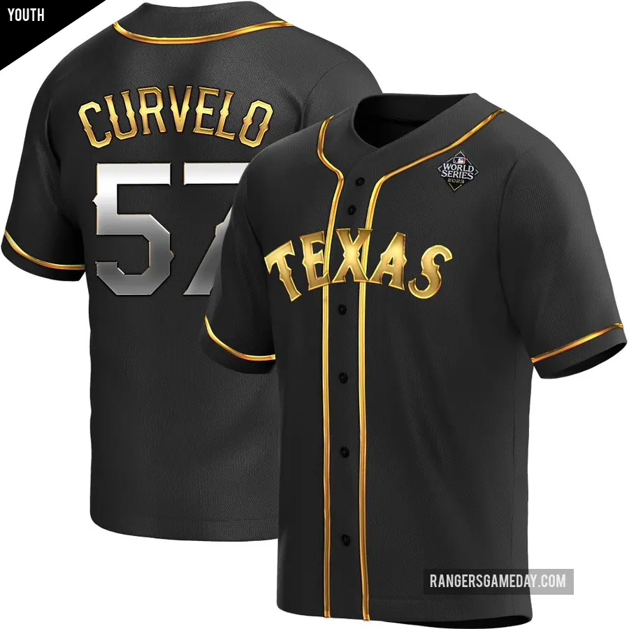 Youth Texas Rangers ＃57 Luis Curvelo Replica Gold Black en Alternate 2023 World Series Jersey