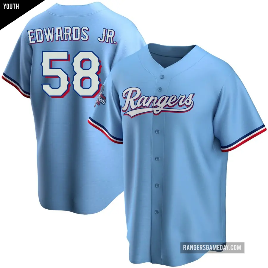 Youth Texas Rangers ＃58 Carl Edwards Jr. Replica Light Blue Alternate 2023 World Series Champions Jersey