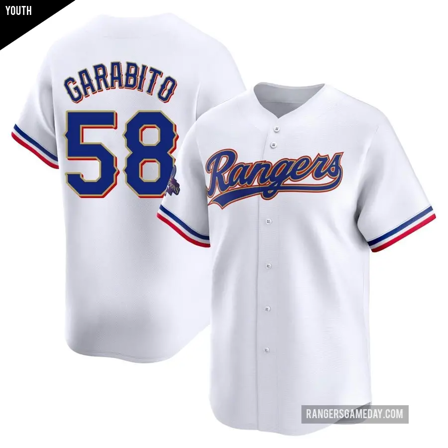 Youth Texas Rangers ＃58 Gerson Garabito Limited Gold White 2024 Collection Jersey
