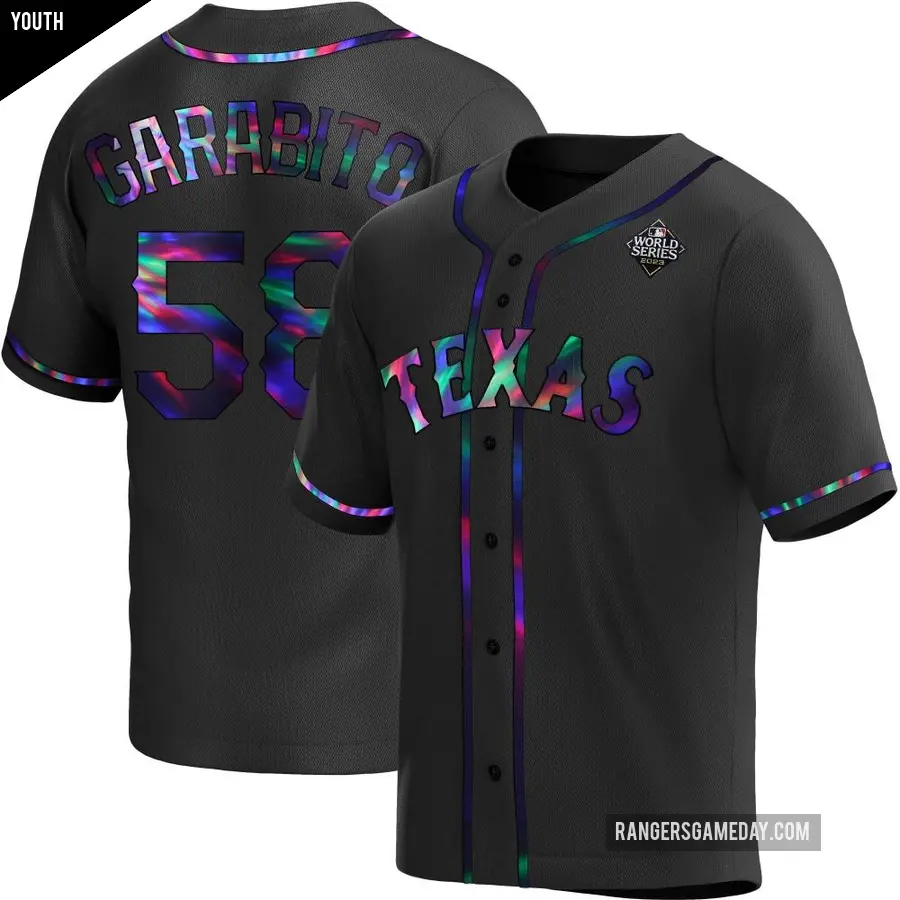 Youth Texas Rangers ＃58 Gerson Garabito Replica Black Holographic Alternate 2023 World Series Jersey