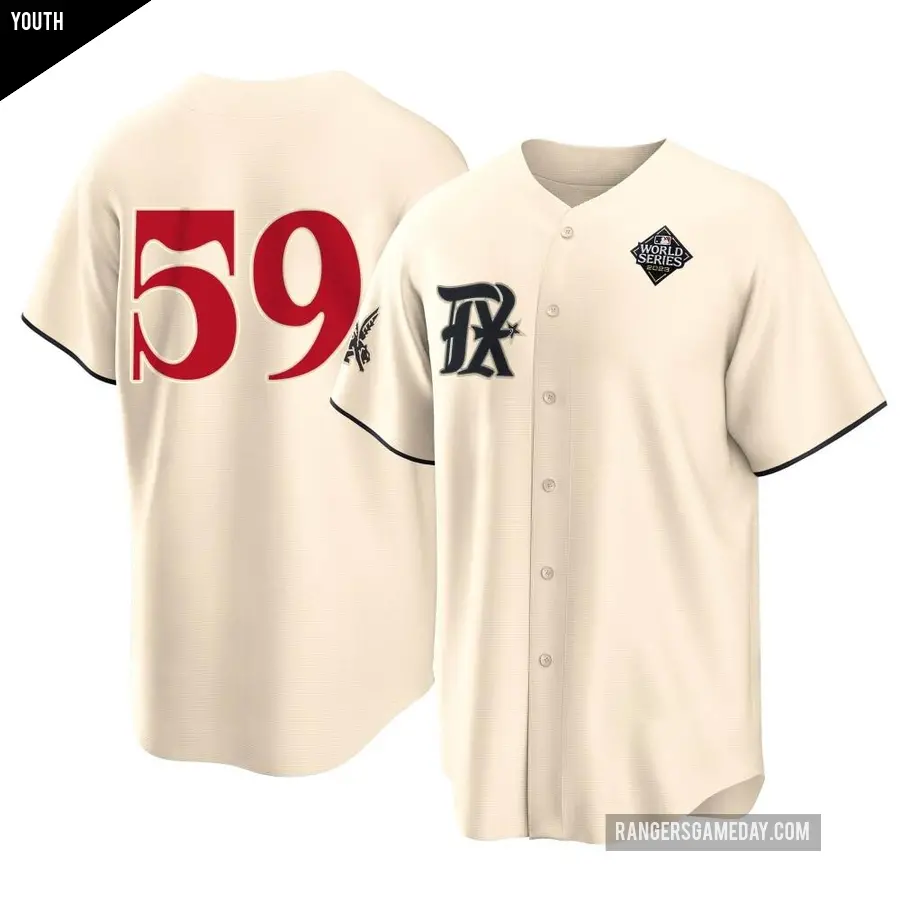 Youth Texas Rangers ＃59 Brett Martin Replica Cream 2023 City Connect 2023 World Series Jersey