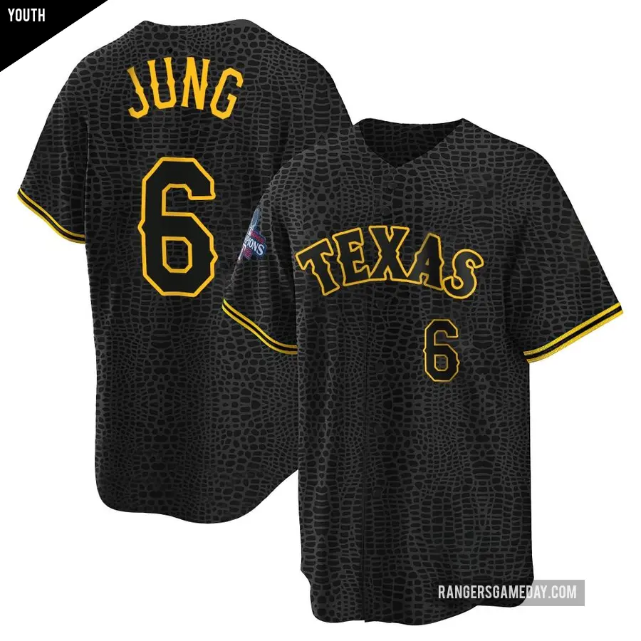 Youth Texas Rangers ＃6 Josh Jung Replica Black Snake Skin City 2023 World Series Champions Jersey