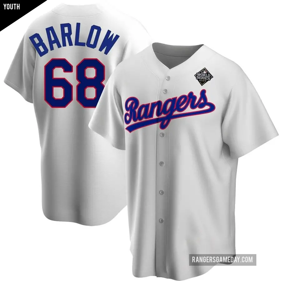 Youth Texas Rangers ＃68 Joe Barlow Replica White Home Cooperstown Collection 2023 World Series Jersey