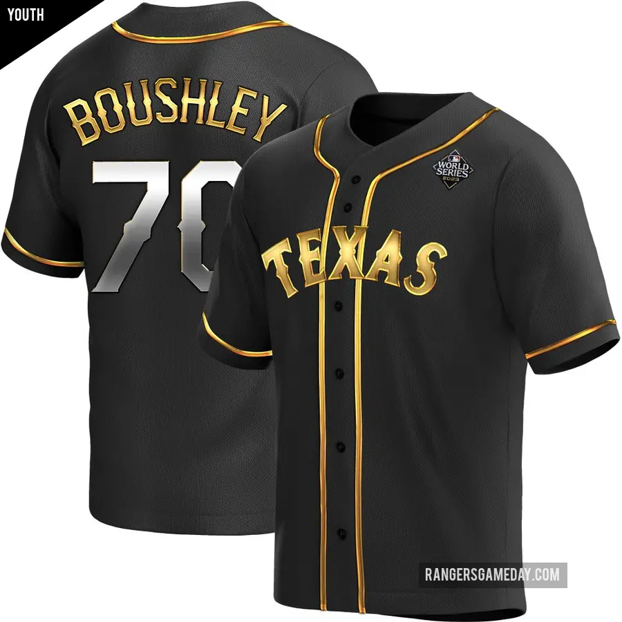 Youth Texas Rangers ＃70 Caleb Boushley Replica Gold Black en Alternate 2023 World Series Jersey