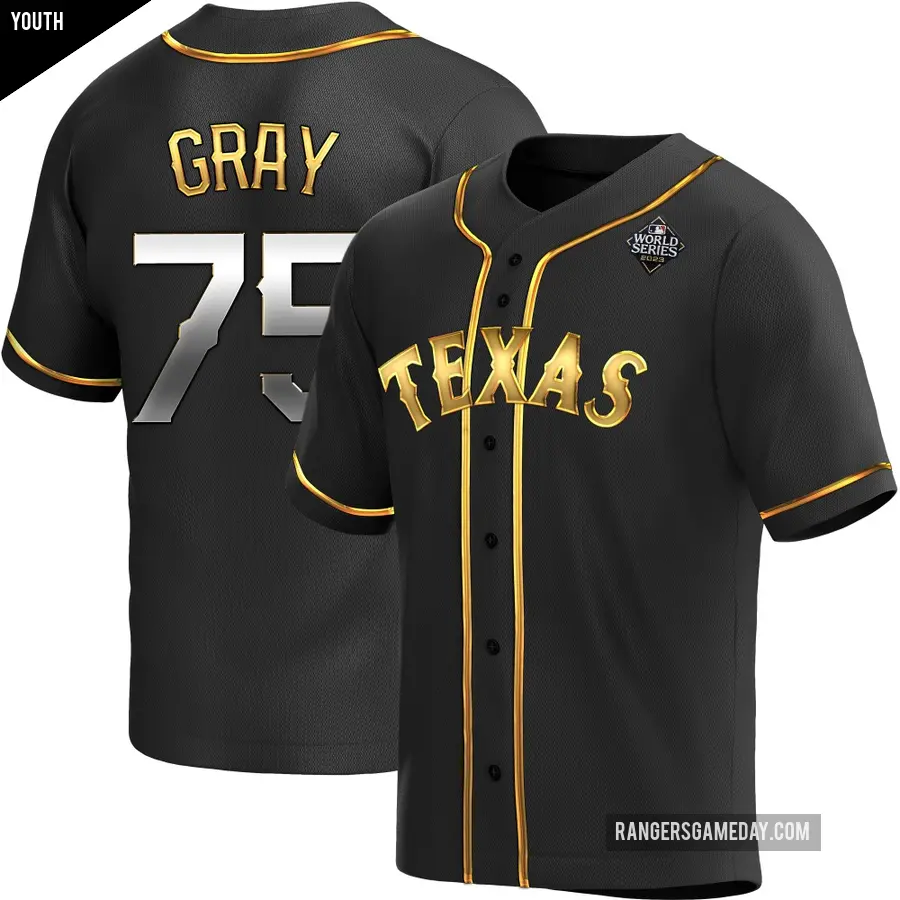 Youth Texas Rangers ＃75 Peyton Gray Replica Gold Black en Alternate 2023 World Series Jersey