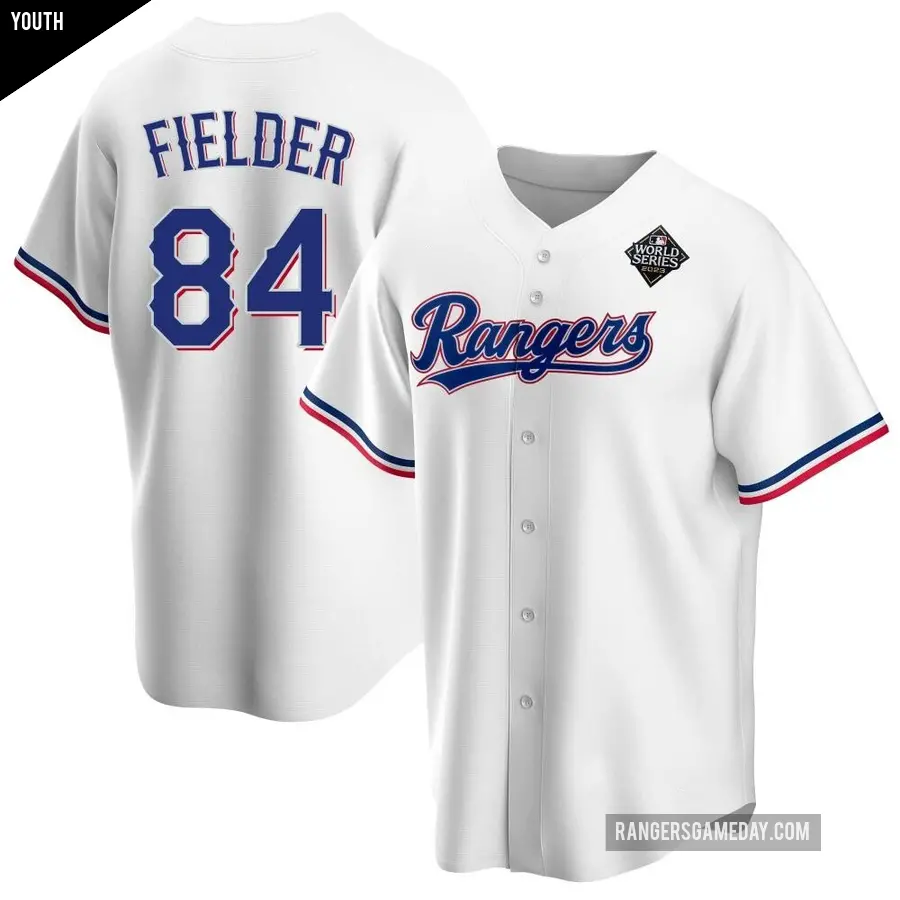 Youth Texas Rangers ＃84 Prince Fielder Replica White Home 2023 World Series Jersey